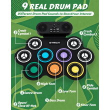 STRICH Electric Drum Set, 9-Pad Roll Up Portable Practice Electronic Drum Kit with Built-in Speaker, Drum Pedals & Sticks, 10 Hours Playtime for Begi