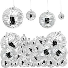 Suwimut 54 Pieces Mini Disco Ball Decor Ornaments, 4 Sizes Glitter Silver Small Hanging Mirror Disco Ball Decoration with Rope for Christmas Tree, Ca