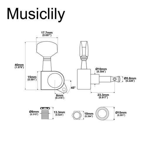 Musiclily Basic R15A 6 inline Full Sealed Tuners Tuning Pegs Keys Black 1