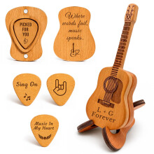 Personalized Wooden Guitar Pick Holder Case with 3 Custom Guitar Picks, Engraved Name Logo Design Mini Storage Box Stand, Gift for Guitarists, Musici