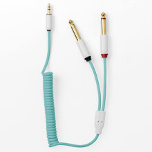 MyVolts Candycord audio cable, straight mini jack to 2 x straight large jack, curly 40cm to 50cm, Mint Green colour