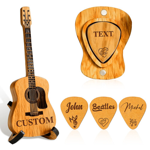 Personalized Wooden Guitar Pick Case with 3 Custom Picks