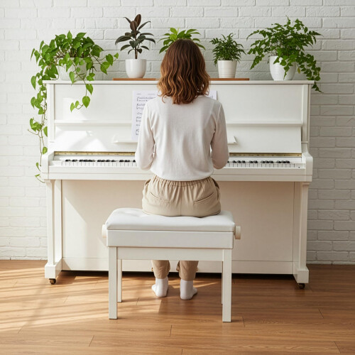 Piano Bench with Storage, Adjustable Heightl , PU Leather Padded White 1