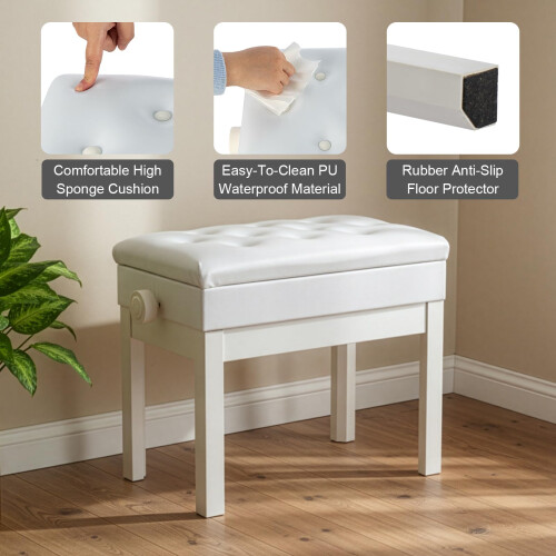 Piano Bench with Storage, Adjustable Heightl , PU Leather Padded White 2