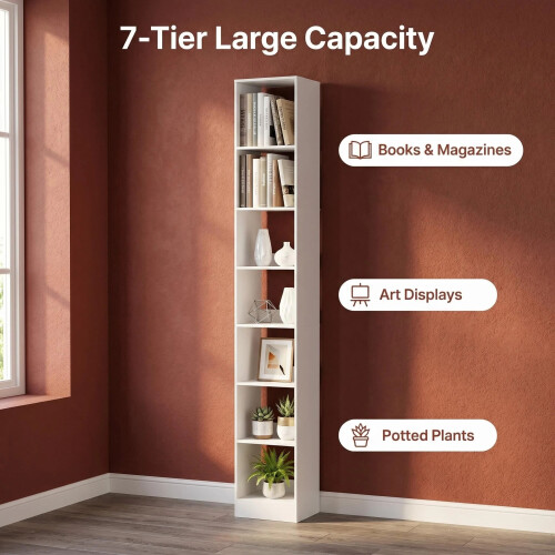 7 Tier Bookcase Tall Narrow Bookshelf with Open Storage Shelf 2