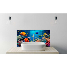 Printed Glass Bathroom Splashback - Tropical sea underwater fishes on coral reef. 600x400mm