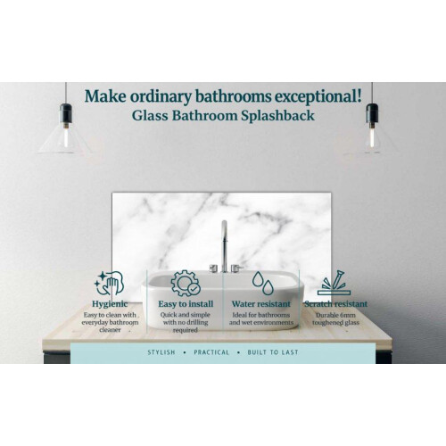 Printed Glass Bathroom Splashback - White marble texture and background. 700x300mm 2