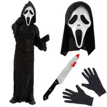 LOVETRENDS Kids Screamer Costume - Black Hooded Robe with Face Mask, Black Gloves & Plastic Knife - Childs Halloween Ghost TV Film Fancy Dress Costum