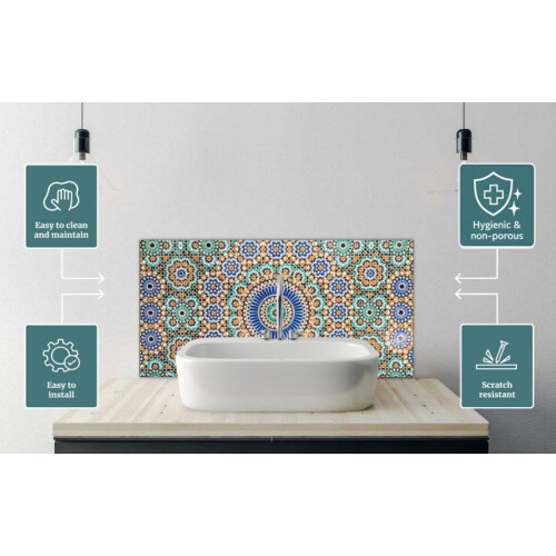 Printed Glass Bathroom Splashback - moroccan vintage tile background 500x400mm 1