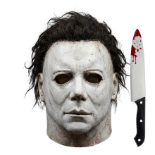 Boolavard White Slasher Mask and Bloody Knife Set for Adults, Weathered Latex Scary Horror Movie Full Head Mask with Hair, Halloween Fancy Dress Cosp