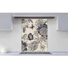 Printed Glass Kitchen Splashback - Floral seamless pattern with garden flowers peonies, bird and butterflies. 595x745mm