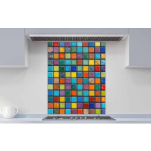 Printed Glass Kitchen Splashback - Close-up wall made up small square Texture of a retro glass block with multi-colored squares 595x745mm