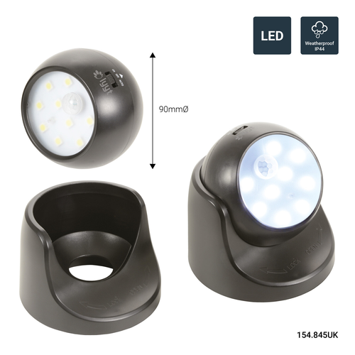 Garage Outdoor 360 Battery Powered Motion Sensor Security 9 LED Light - Black