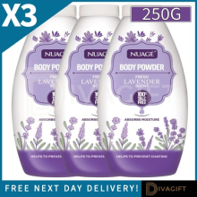 3 x NUAGE BODY POWDER 250G FRESH LAVENDER 100% TALC FREE FOR SOFT SKIN FOR WOMEN