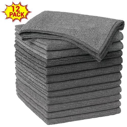 True Face (30cm x 30cm, Grey  - 12 Pack) Microfiber Cleaning Cloths 10/12 Pack Drying Towel