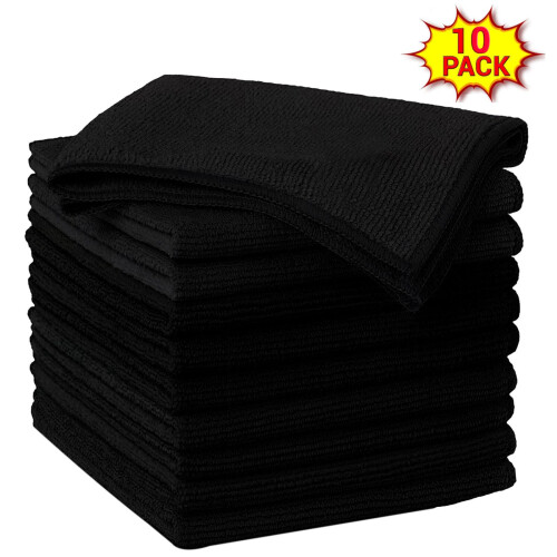 True Face (40 cm x 40 cm, Black - 10 Pack) Microfiber Cleaning Cloths 10/12 Pack Drying Towel