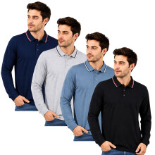 (M, 4 Pack - Assorted Tip) Men's Long Sleeve Plain and Tipped Polo Shirt Top