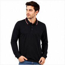 (L, Black - Tip) Men's Long Sleeve Plain and Tipped Polo Shirt Top