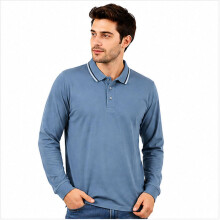 (2XL, Dark Blue - Tip) Men's Long Sleeve Plain and Tipped Polo Shirt Top
