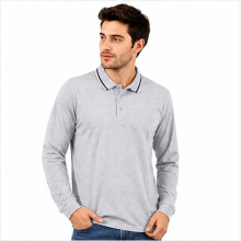 (2XL, Grey - Tip) Men's Long Sleeve Plain and Tipped Polo Shirt Top