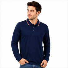 (XL, Navy - Tip) Men's Long Sleeve Plain and Tipped Polo Shirt Top