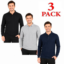 (L, 3 Pack - Plain Assorted) Men's Long Sleeve Plain and Tipped Polo Shirt Top