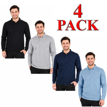 (L, 4 Pack - Plain Assorted) Men's Long Sleeve Plain and Tipped Polo Shirt Top