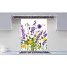 Printed Glass Kitchen Splashback - Colorful meadow and garden flowers with insects, transparent background 600x750mm