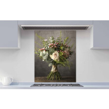Printed Glass Kitchen Splashback - Bouquet of flowers on a wooden table 600x650mm