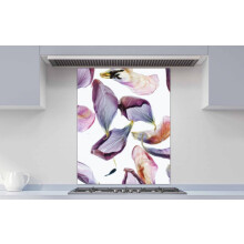 Printed Glass Kitchen Splashback - Multiple Dried Tulip Flower Petals Against a White Background 600x600mm