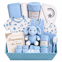 Baby Box Shop Baby Boy Gift Set – 17 Piece Ready to Gift Newborn Hamper with Teddy Bear, Grooming Kit, New Born Clothes, Soft Newborn Essentials, Ke