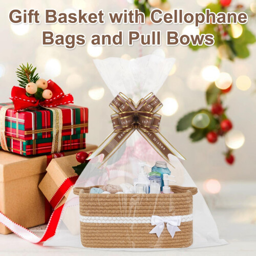 Lotvic Gift Basket, Hamper Kit, Rectangular Empty Hamper Basket with Cellophane Bags and Pull Bows, Rope Gift Baskets with Handles, Woven Gift Basket 1