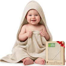 100% Organic Cotton Woven Baby Hooded Towel 80x80cm Newborn Gift - Ivory