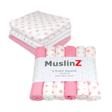 MuslinZ Baby Muslin Cloths, Muslin Squares, Muslins, 6 Pack Pink Star