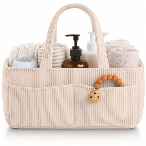 APYFID Nappy Caddy, Portable Diaper Basket with Sturdy Handle (Beige)