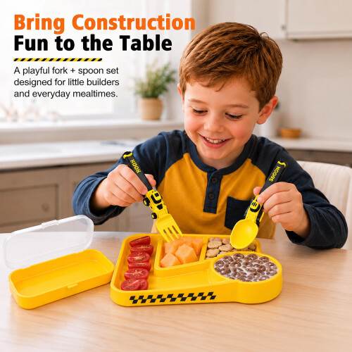 Digger Toddler Cutlery Set, Construction Fork and Spoon, Yellow 1