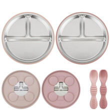 PandaEar Baby Feeding Set 4 Pcs, 2 Pack Stainless Steel Suction Plates & 2 Pack Spoons Set, Divided Plates for Baby Led Weaning Supplies, BPA-Free (D