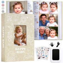 Baby Photo Album 4x6 300 Pockets with Memo Area, Photo Stickers & Hand and Footprint Kit, Linen Cover Baby Memory Book with Front Window, First Year