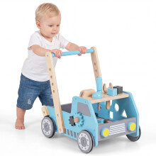GYMAX Wooden Baby Walker, 2-in-1 Toddler Push Along Toy with Adjustable Speed and Bottom Storage, Kids Tool Bench Learning Activity Walker for Boys &