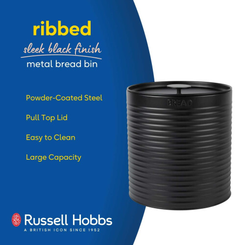 Russell Hobbs Russell Hobbs Bread Bin Ribbed Large Kitchen Canister Countertop Storage Black 1