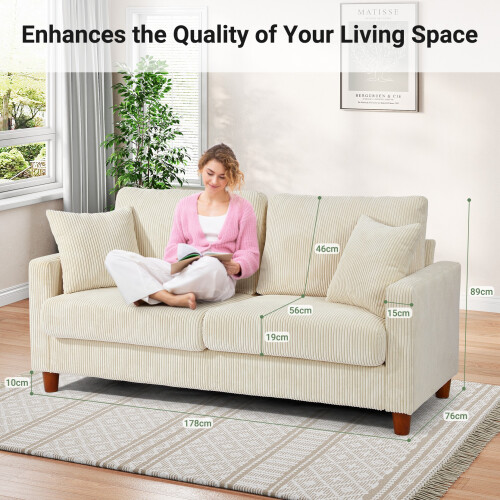 (Beige) Corduroy 3 Seater Sofa Modern Comfy Deep Seat Couch 1