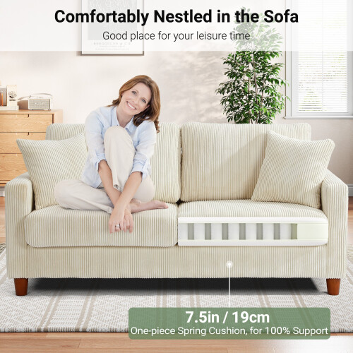 (Beige) Corduroy 3 Seater Sofa Modern Comfy Deep Seat Couch 2