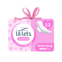 Lil-Lets Teens Long Pads X 12, Petite Towels for Girls & Teenagers, with Wings, for Medium Flow, Unscented, Soft & Breathable, First Period Sanitary