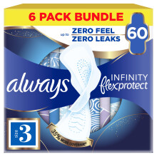 Always Infinity Flex Protect Night Size 3 Sanitary Towels with Wings 10 Pads X Pack of 6