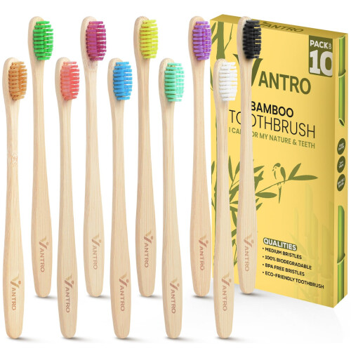 Bamboo Toothbrushes Medium Bristles 10 Pack BPA-Free