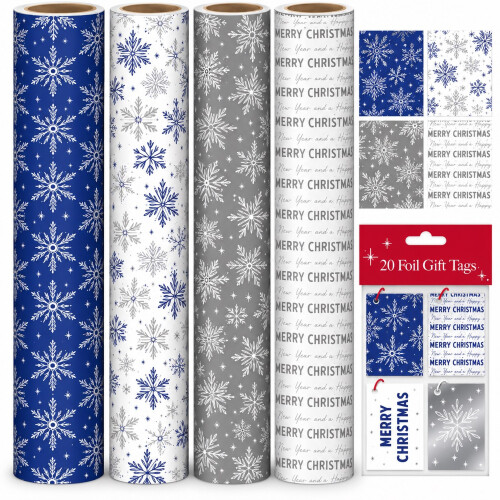 Christmas Wrapping Paper 4 Rolls 4M with 20 Tags