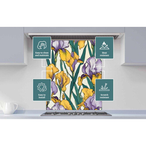 Printed Glass Kitchen Splashback - Vintage Iris Flower 600x650mm 1