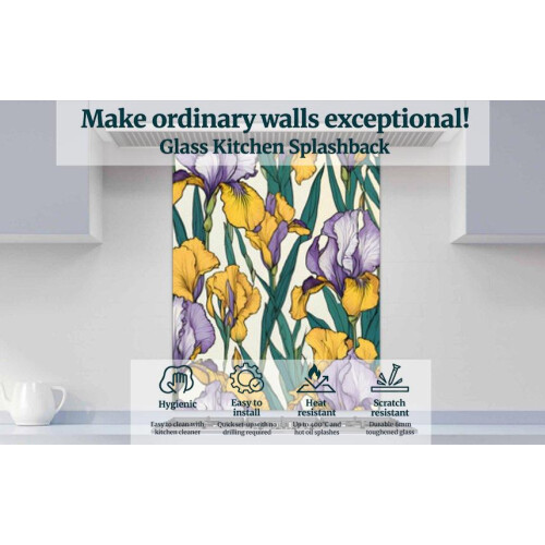 Printed Glass Kitchen Splashback - Vintage Iris Flower 600x750mm 2