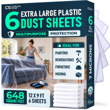 6-Pack Clear Plastic Dust Sheets for Painting & Decorating,12ft x 9ft Each
