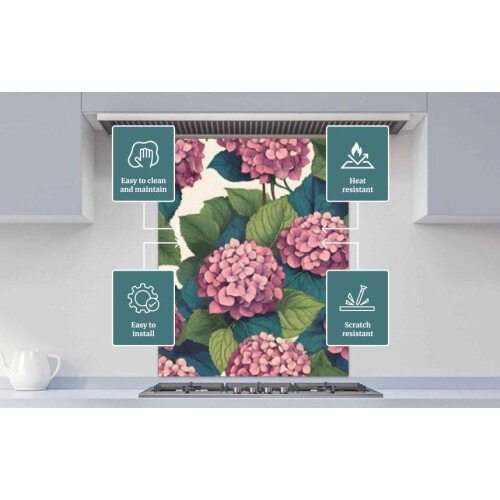 Printed Glass Kitchen Splashback - Vintage Hydrangea Flower 600x750mm 1